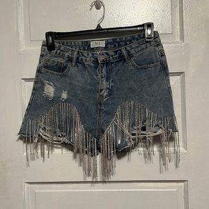 Blue Denim Fringe Shorts